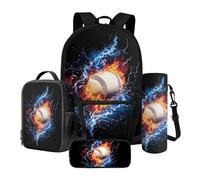 Poceacles Ensemble cartable 4 pièces pour garçons avec trousse à crayons, sac à dos de grande capacité, sac à déjeuner, porte-bouteille d'eau pour enfants, Baseball Lightning Fire, Taille unique