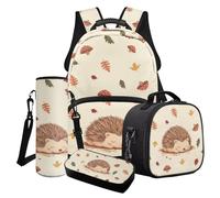 Poceacles Ensemble de 4 sacs à dos d'école pour enfants avec sac à dos isotherme, trousse à crayons, pochette pour bouteille d'eau pour filles et garçons, Hérisson Feuilles Automne Champignon Beige