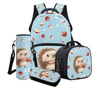 Poceacles Ensemble de 4 sacs à dos d'école pour enfants avec sac à dos isotherme, trousse à crayons, pochette pour bouteille d'eau pour filles et garçons, Imprimé Hérisson Pomme Bleu, Taille unique