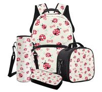 Poceacles Ensemble de 4 sacs à dos d'école pour enfants avec sac à dos isotherme, trousse à crayons, pochette pour bouteille d'eau pour filles et garçons, Nœud coccinelle blanc crème, Taille unique