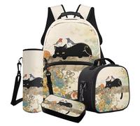 Poceacles Ensemble de 4 sacs à dos élégants pour garçons et filles avec sac à déjeuner, sac à dos, trousse à stylos, porte-bouteille, Fleur de gloire du matin chat noir, Taille unique, Ensemble