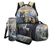 Poceacles Ensemble de 4 sacs à dos élégants pour garçons et filles avec sac à déjeuner, sac à dos, trousse à stylos, porte-bouteille, Wolf Tree Snow Mountain, Taille unique, Ensemble cartable