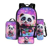 Poceacles Ensemble de 4 sacs à dos pour enfants garçons et filles - Ensemble cartable avec sac à déjeuner, trousse à crayons, sac à bouteille pour adolescents, adultes, panda rose Love Star, violet et
