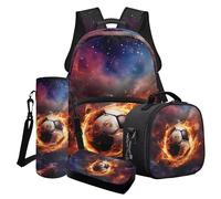 Poceacles Ensemble de 4 sacs à dos sur le thème du sport pour garçons et adolescents - Sac d'école de style athlétique - Trousse à crayons et pochette pour bouteille, Football Fire Galaxy, Taille