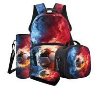 Poceacles Ensemble de 4 sacs à dos sur le thème du sport pour garçons et adolescents - Sac d'école de style athlétique - Trousse à crayons et pochette pour bouteille, Ballon de football bleu feu rouge