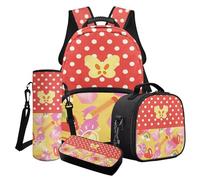 Poceacles Ensemble de 4 sacs d'école pour filles avec joli sac à dos isotherme, trousse à crayons, porte-bouteille d'eau pour enfants et adolescents, Papeterie papillon Love Polka Dots Rainbow