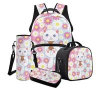 Poceacles Ensemble de 4 sacs d'école pour filles avec joli sac à dos isotherme, trousse à crayons, porte-bouteille d'eau pour enfants et adolescents, Dessin animé Chat Bubble Tea Daisy, Taille unique