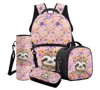 Poceacles Ensemble de 4 sacs d'école pour filles avec joli sac à dos isotherme, trousse à crayons, porte-bouteille d'eau pour enfants et adolescents, Rose paresseux rose fleur, Taille unique, Ensemble