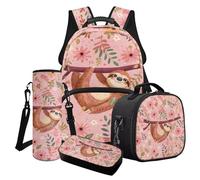 Poceacles Ensemble de 4 sacs d'école pour filles avec joli sac à dos isotherme, trousse à crayons, porte-bouteille d'eau pour enfants et adolescents, Paresseux Fleur Feuille Rose, Taille unique