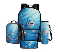 Poceacles Ensemble de 4 sacs d'école pour filles, garçons, adolescents, avec sac à dos isotherme, sac à déjeuner, trousse à crayons, sac de transport pour bouteille d'eau, Requin Coral Reef Blue Sea