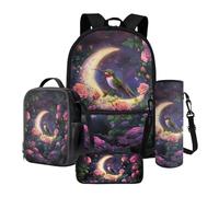 Poceacles Ensemble de 4 sacs d'école pour filles, garçons, adolescents, avec sac à dos isotherme, sac à déjeuner, trousse à crayons, sac de transport pour bouteille d'eau, Colibri Rose Fleur Lune Rose