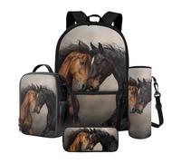 Poceacles Ensemble de sacs à dos pour enfants, ensemble de 4 pièces avec sac à dos de grande capacité, thermique pour déjeuner, trousse à crayons, manchon de bouteille, motif cheval, taille unique,