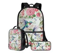 Poceacles Ensemble sac à dos 3 pièces avec boîte à déjeuner, trousse à crayons, sac à livres mignon pour tout-petit, sac à dos décontracté pour maternelle, école primaire, Colibri fleur de pivoine,