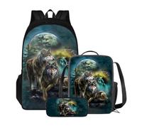 Poceacles Ensemble sac à dos 3 pièces pour enfants avec sac à déjeuner isotherme et jolie trousse à crayons pour l'école primaire maternelle, Wolf Moon