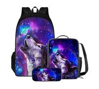 Poceacles Ensemble sac à dos 3 pièces pour enfants avec sac à déjeuner isotherme et jolie trousse à crayons pour l'école primaire maternelle, Wolf Galaxy.