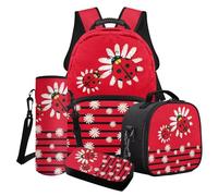 Poceacles Ensemble sac à dos 4 pièces pour fille - Sac à déjeuner - Trousse à crayons - Porte-bouteille, Ladybug Daisy Rouge à rayures noires, Taille unique, Ensemble cartable