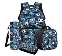 Poceacles Ensemble sac à dos 4 pièces pour garçons et filles avec cartable, sac à déjeuner, trousse à crayons, sac à dos pour l'école primaire et secondaire, Football Star Bleu Camouflage, Taille