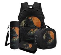 Poceacles Ensemble sac à dos 4 pièces pour garçons et filles avec cartable, sac à déjeuner, trousse à crayons, sac à dos pour l'école primaire et secondaire, Wolf Moon Snow Mountain, Taille unique