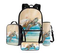 Poceacles Ensemble sac à dos d'école 4 en 1 avec sac à déjeuner thermique, trousse à crayons, porte-bouteille, sac à dos pour enfants, adolescents, Étoile de mer Tortue de mer Plage, Taille unique,