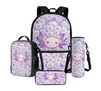 Poceacles Ensemble sac à dos d'école 4 en 1 avec sac à déjeuner thermique, trousse à crayons, porte-bouteille, sac à dos pour enfants, adolescents, Axolotl Daisy Violet, Taille unique, Ensemble