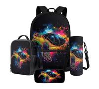 Poceacles Ensemble sac à dos d'école 4 en 1 avec sac à déjeuner thermique, trousse à crayons, porte-bouteille, sac à dos pour enfants, adolescents, Tortue de mer Splash, Taille unique, Ensemble