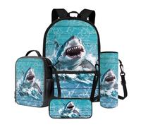 Poceacles Ensemble sac à dos d'école 4 en 1 avec sac à déjeuner thermique, trousse à crayons, porte-bouteille, sac à dos pour enfants, adolescents, Grain de bois de requin bleu, Taille unique,