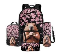 Poceacles Ensemble sac à dos d'école 4 en 1 avec sac à déjeuner thermique, trousse à crayons, porte-bouteille, sac à dos pour enfants, adolescents, Cochon d'Inde Fleur de Cerisier Rose Noir, Taille