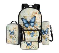 Poceacles Ensemble sac à dos d'école 4 en 1 avec sac à déjeuner thermique, trousse à crayons, porte-bouteille, sac à dos pour enfants, adolescents, Imprimé carte postale papillon marguerite, Taille