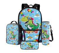 Poceacles Ensemble sac à dos d'école 4 pièces avec trousse à crayons, sac à déjeuner, porte-bouteille d'eau, sac à livres léger et confortable pour enfants, Cartoon Dinosaur Skateboard Rainbow Star