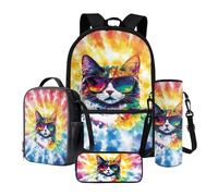 Poceacles Ensemble sac à dos d'école 4 pièces avec trousse à crayons, sac à déjeuner, porte-bouteille d'eau, sac à livres léger et confortable pour enfants, Chat Avec Lunettes De Soleil Rainbow