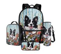 Poceacles Ensemble sac à dos d'école 4 pièces avec trousse à crayons, sac à déjeuner, porte-bouteille d'eau, sac à livres confortable pour enfants pour garçons et filles, Border Collie Chien Grain de