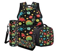 Poceacles Ensemble sac à dos d'école pour garçons et adolescents, sac à livres 4 en 1 avec sac à déjeuner isotherme, trousse à crayons, sac à bouteille d'eau, Cartoon Dinosaure Planète Étoile Noir