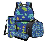 Poceacles Ensemble sac à dos d'école pour garçons et adolescents, sac à livres 4 en 1 avec sac à déjeuner isotherme, trousse à crayons, sac à bouteille d'eau, Vert dinosaure herbe bleu, Taille unique