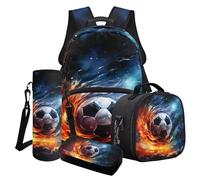 Poceacles Ensemble sac à dos d'école pour garçons et adolescents, sac à livres 4 en 1 avec sac à déjeuner isotherme, trousse à crayons, sac à bouteille d'eau, Ballon de football Fire bleu foncé orange