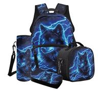 Poceacles Ensemble sac à dos et sac à déjeuner 4 pièces pour garçon avec sac d'école, sac à déjeuner, trousse à crayons, porte-bouteille d'eau, Wolf Lightning Bleu Noir, Taille unique, Ensemble