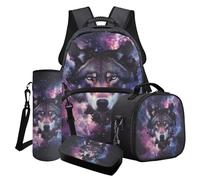 Poceacles Ensemble sac à dos et sac à déjeuner 4 pièces pour garçon avec sac d'école, sac à déjeuner, trousse à crayons, porte-bouteille d'eau, Galaxy Wolf., Taille unique, Ensemble cartable
