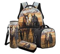 Poceacles Ensemble sac à dos pour garçons pour l'école, les voyages, sac à déjeuner isotherme, trousse à crayons, sac à bouteille d'eau pour adolescents et enfants, Motif cheval et prairie coucher de