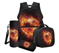 Poceacles Ensemble sac à dos pour garçons pour l'école, les voyages, sac à déjeuner isotherme, trousse à crayons, sac à bouteille d'eau pour adolescents et enfants, Fire Football Football, Taille
