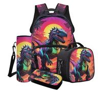 Poceacles Ensemble sac à dos pour garçons pour l'école, les voyages, sac à déjeuner isotherme, trousse à crayons, sac à bouteille d'eau pour adolescents et enfants, Coucher de soleil dinosaure T. Rex