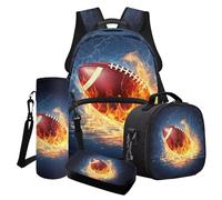 Poceacles Ensemble sac à dos pour garçons pour l'école, les voyages, sac à déjeuner isotherme, trousse à crayons, sac à bouteille d'eau pour adolescents et enfants, Ballon de football américain Fire
