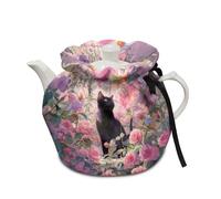 Poceacles Housse anti-poussière pour théière, décoration de Saint-Valentin, avec coussin isolant, garde le petit déjeuner au chaud pour cuisine, maison, table, motif floral rose, chat noir