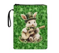 Poceacles Housse de livre avec poches pour la Saint-Patrick, couverture de livre de poche imprimée avec fermeture éclair, 29 x 22 cm, motif lapin, guitare, trèfle, feuille, vert