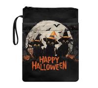 Poceacles Housse de livre d'Halloween pour livre de poche - Couverture rigide avec fermeture éclair en tissu lavable - Motif chat noir, citrouille, lune, joyeux Halloween - Noir