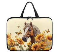 Poceacles Housse de protection avec poignée pour ordinateur portable de 10 à 17 pouces - Motif cheval et tournesol - Pour le travail et l'école - Jaune