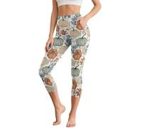 Poceacles Legging capri pour femme - Contrôle du ventre - Pantalon de yoga avec poches - Taille haute - Pour le bureau, l'entraînement et le yoga, Feuille de citrouille, XXL
