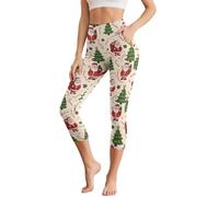 Poceacles Legging capri pour femme - Contrôle du ventre - Pantalon de yoga avec poches - Taille haute - Pour le bureau, l'entraînement et le yoga, Sapin de Noël Merry Christmas Beige, L