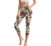 Poceacles Legging capri pour femme - Contrôle du ventre - Pantalon de yoga avec poches - Taille haute - Pour le bureau, l'entraînement et le yoga, Fleur de poinsettia, 3XL