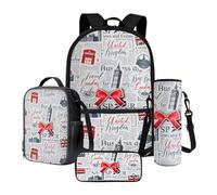 Poceacles Lot de 4 sacs à dos d'école avec sac à dos, sac à déjeuner, trousse à crayons, pochette pour bouteille, pour élèves du primaire et du secondaire, Big Ben Drapeau britannique imprimé journal,