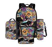 Poceacles Lot de 4 sacs à dos d'école avec sac à dos, sac à déjeuner, trousse à crayons, pochette pour bouteille, pour élèves du primaire et du secondaire, Fleur de colibri bohème, Taille unique,