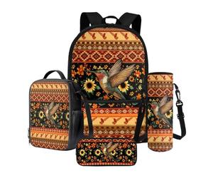 Poceacles Lot de 4 sacs à dos d'école avec sac à dos, sac à déjeuner, trousse à crayons, pochette pour bouteille, pour élèves du primaire et du secondaire, Colibri aztèque Tournesol Orange, Taille
